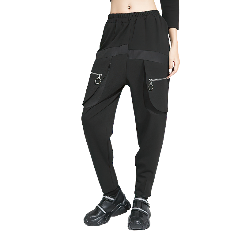 Stylish high waist black alternative women's pants with pockets and fake zippers for a trendy look.