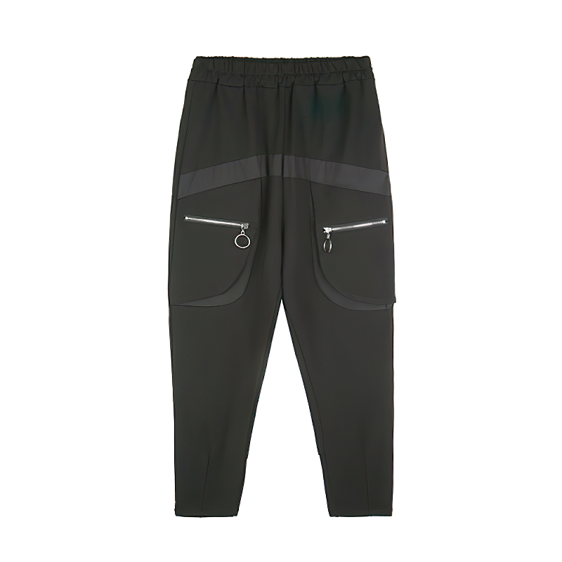 High waist black alternative women's harem pants with elastic waist, pockets, and faux zippers for a trendy look.