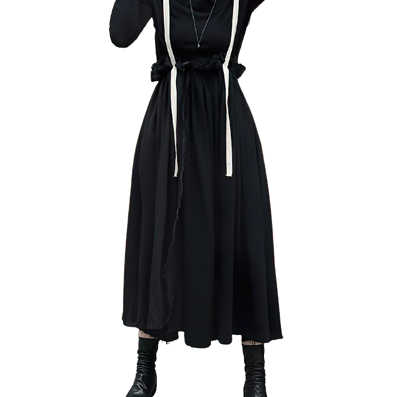 High waist black fashion women's skirt with white straps, perfect for vintage streetwear style.