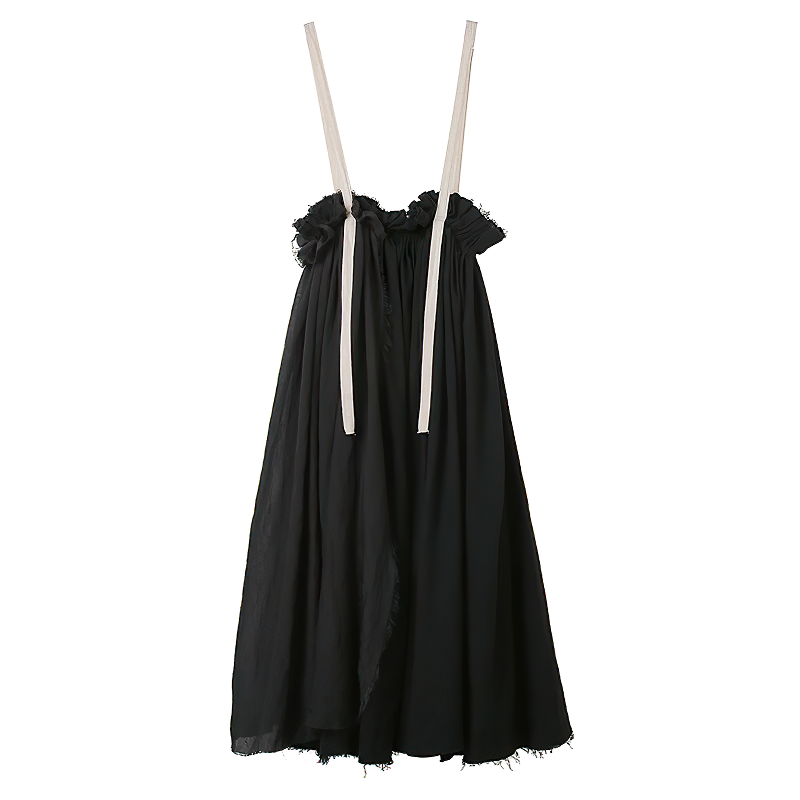 High waist black women's skirt with white straps, perfect for vintage streetwear style, ankle-length and fashionable.