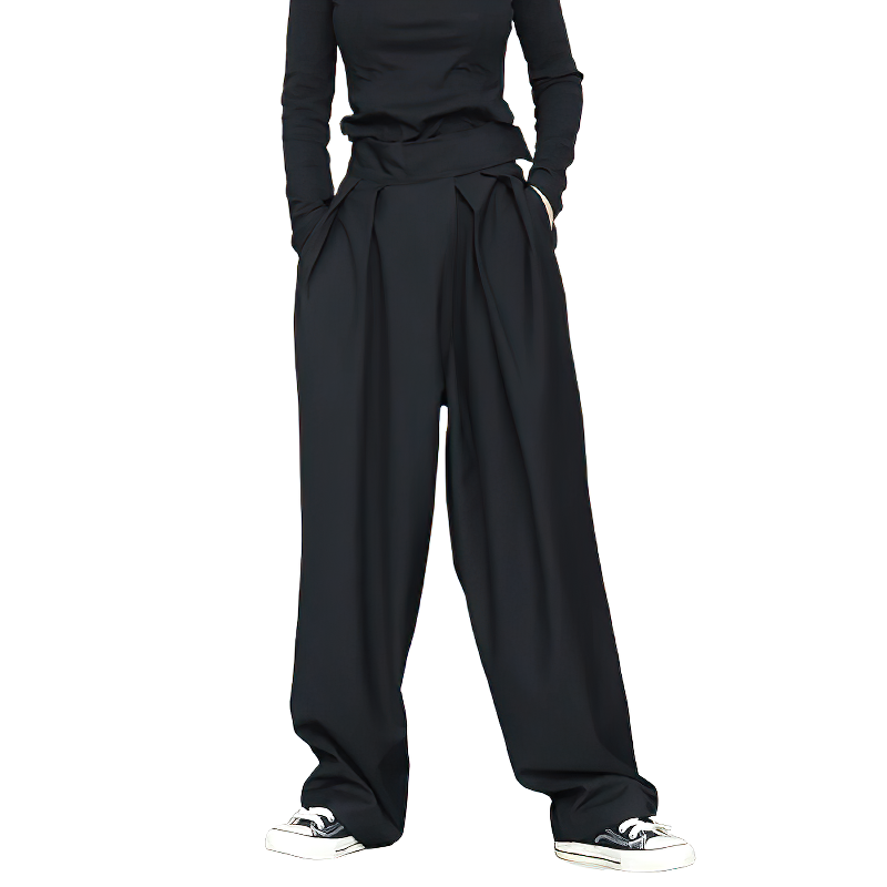 High waist black pleated women's trousers, perfect for gothic and alternative fashion. Stylish and comfortable loose fit.