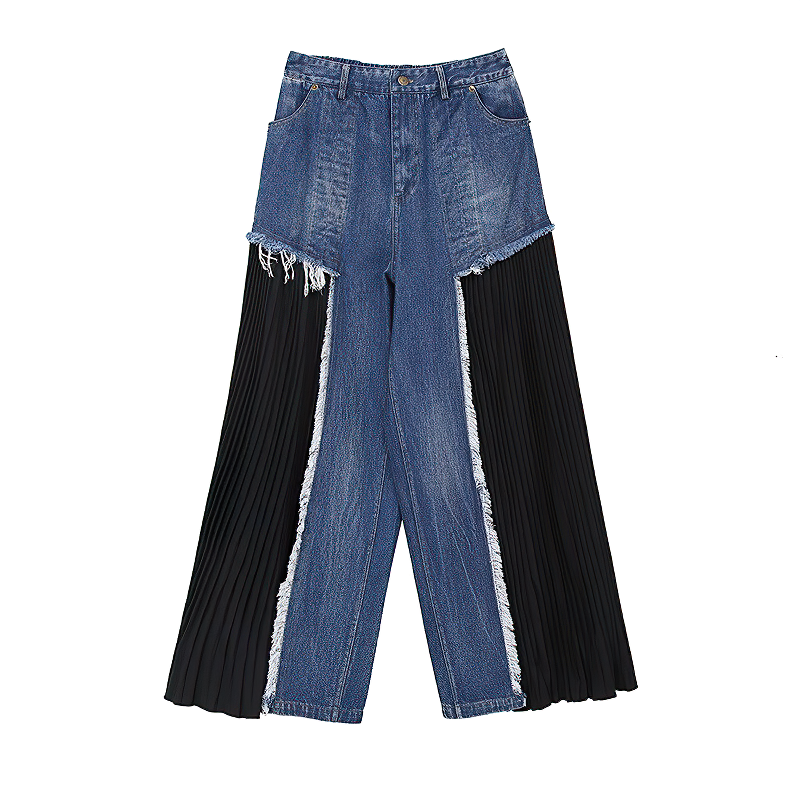 High waist blue denim trousers with pleated black sides and frayed hem, perfect for stylish women's fashion.