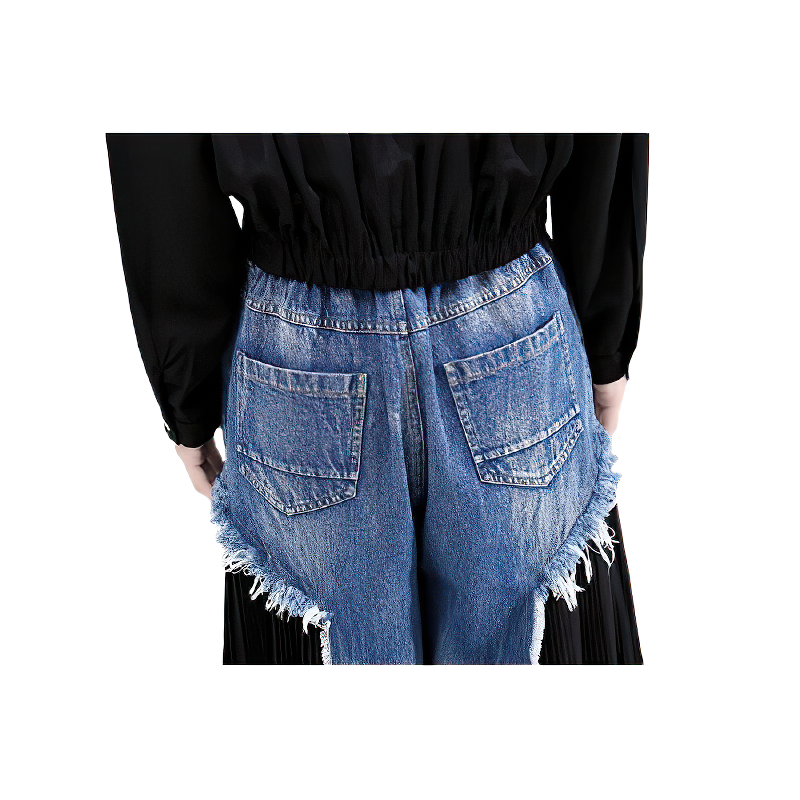 Close-up of high waist blue denim trousers for women, featuring frayed edges and a stylish back pocket design.