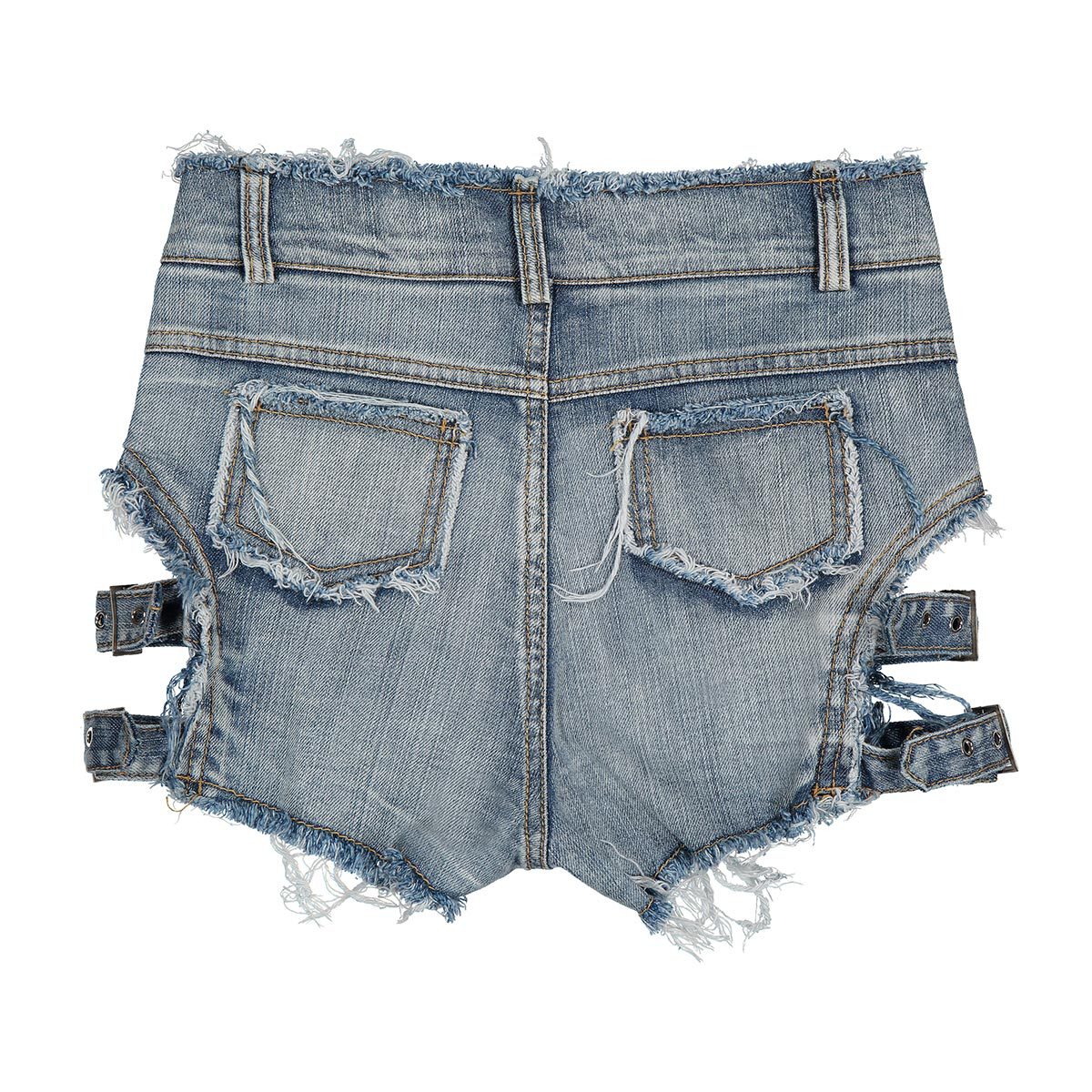 Women's high waist denim shorts with edgy cut and decorative pockets, perfect for rocker chic style.