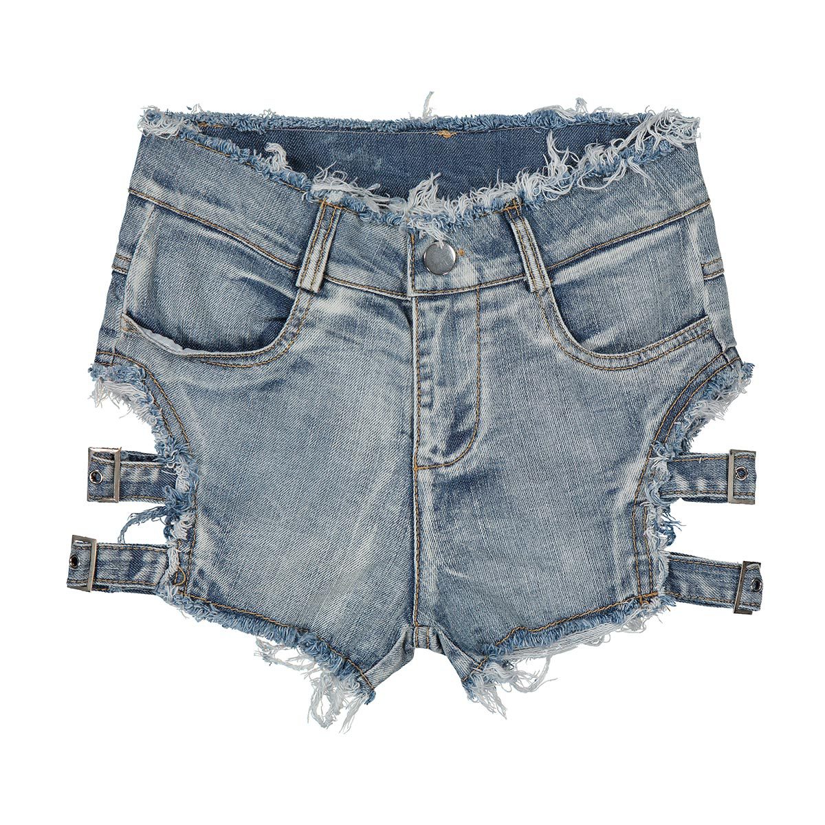 Gothic high waist denim women shorts with distressed detail and unique side decor in rock style.