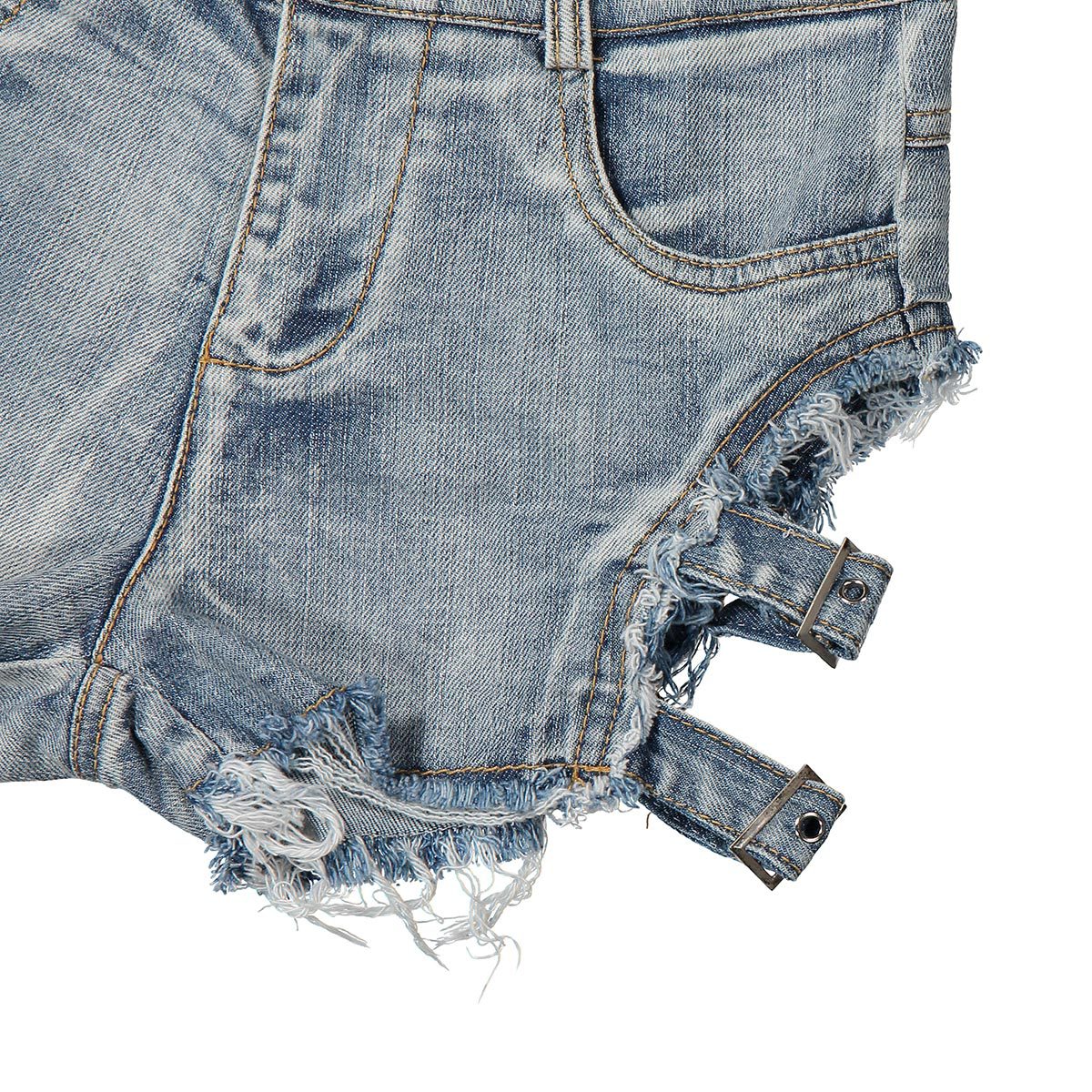 High waist denim women shorts with distressed edges and unique side belt decoration in rocker chic style.