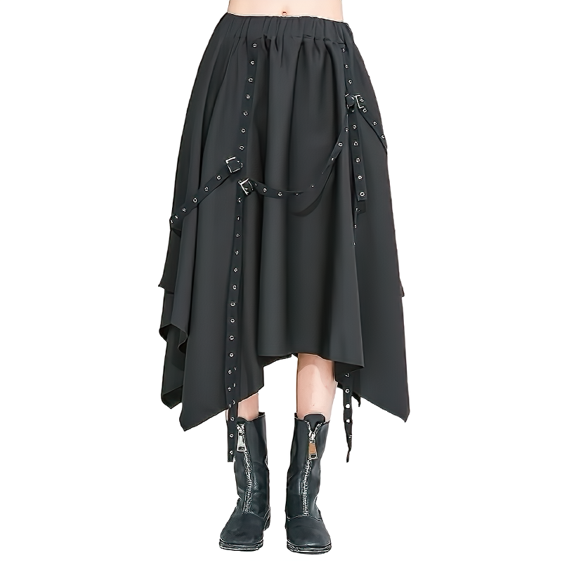 High waist black asymmetrical skirt with straps and metal rivets, perfect for gothic and alternative fashion styles.
