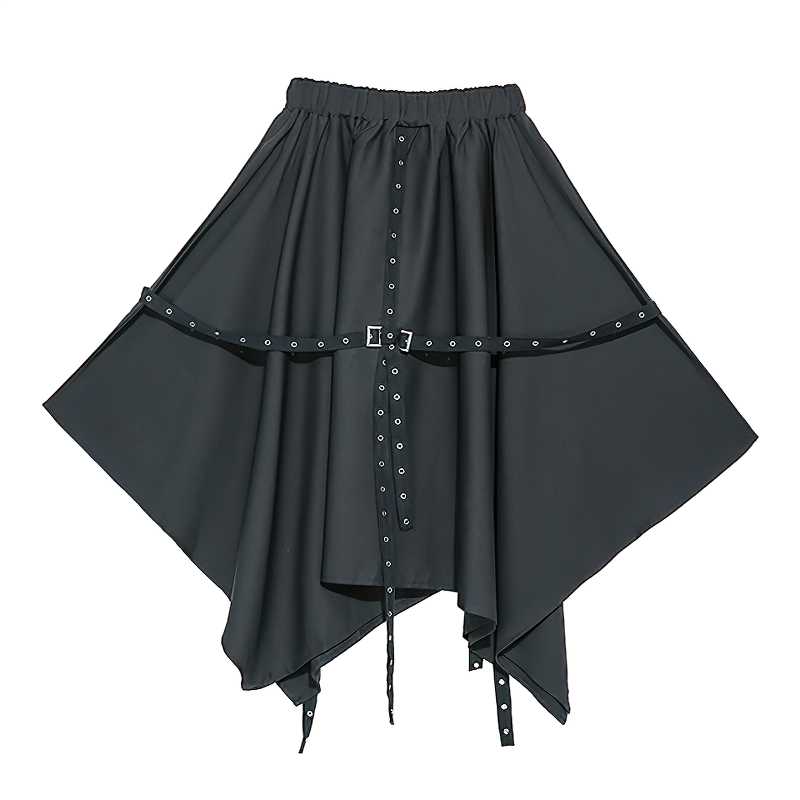 High waist asymmetrical black skirt with straps and metal rivets for alternative and gothic fashion.