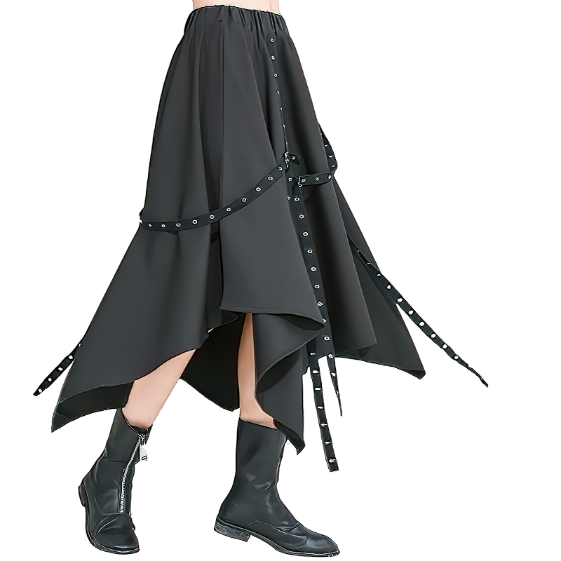 High waist asymmetrical black skirt with straps and metal rivets, perfect for alternative and gothic fashion.