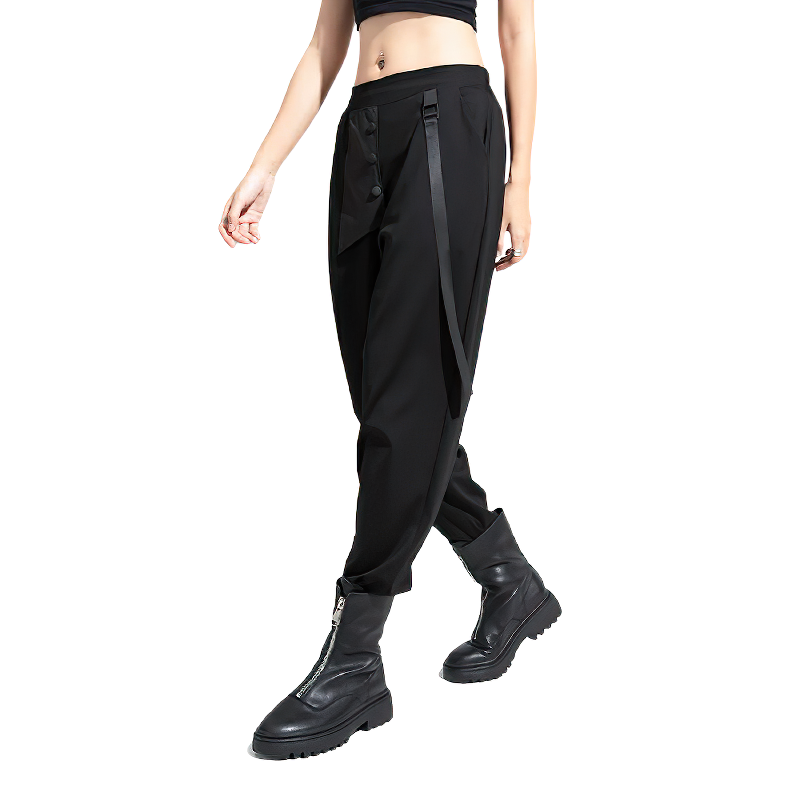 High waisted black elastic trousers with stylish ribbon split design, perfect for women’s streetwear fashion.