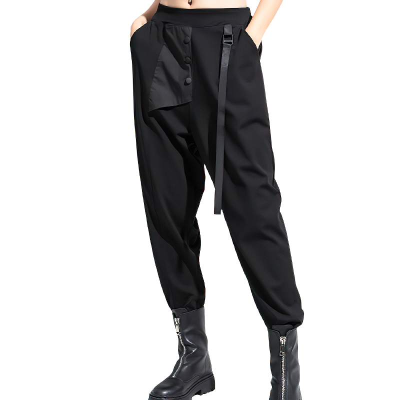 High waist elastic women's trousers in black, featuring pockets, buttons, and a fashion ribbon, perfect for streetwear.