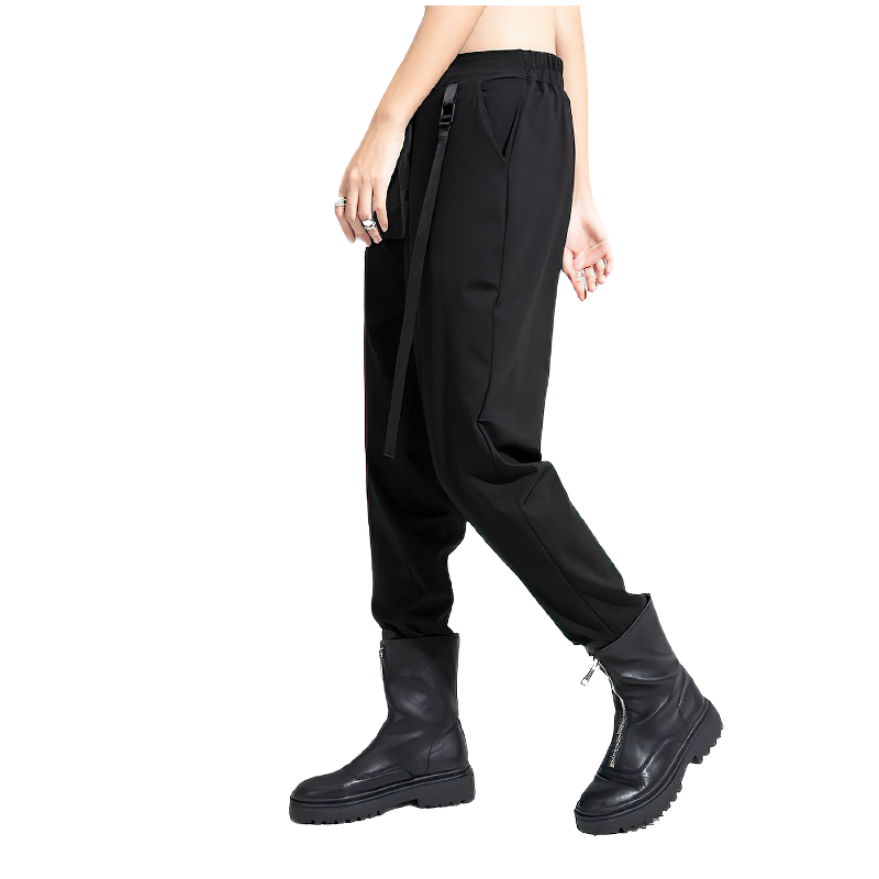 High waist black elastic women's trousers with stylish ribbon, ideal for streetwear and seasonal outfits.