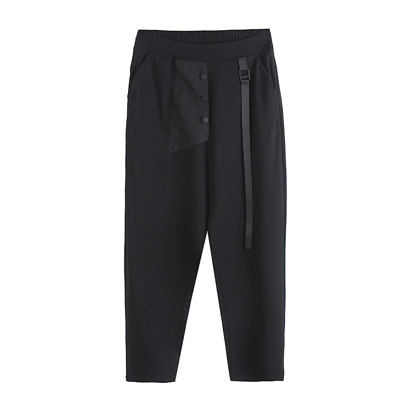 High waist elastic women's trousers in black with buttons, pockets, and stylish ribbon for streetwear.