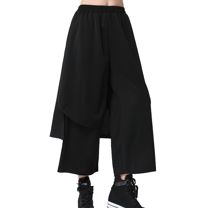 High waist black cotton women's pants with elastic waistband and pockets, perfect for a stylish and comfortable look.