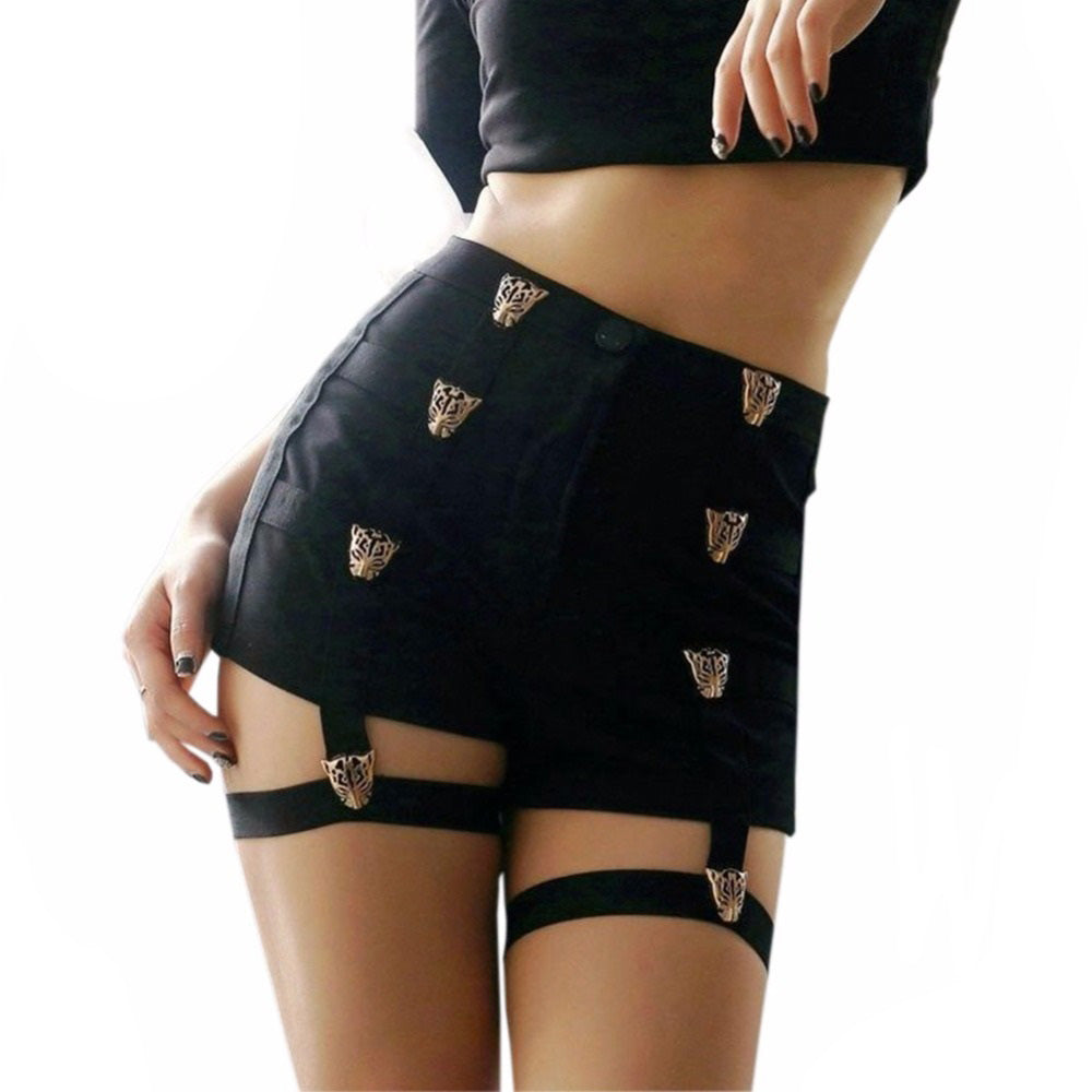 High waist short shorts for women with metallic leopard buttons, ideal for rave outfits and stylish looks.