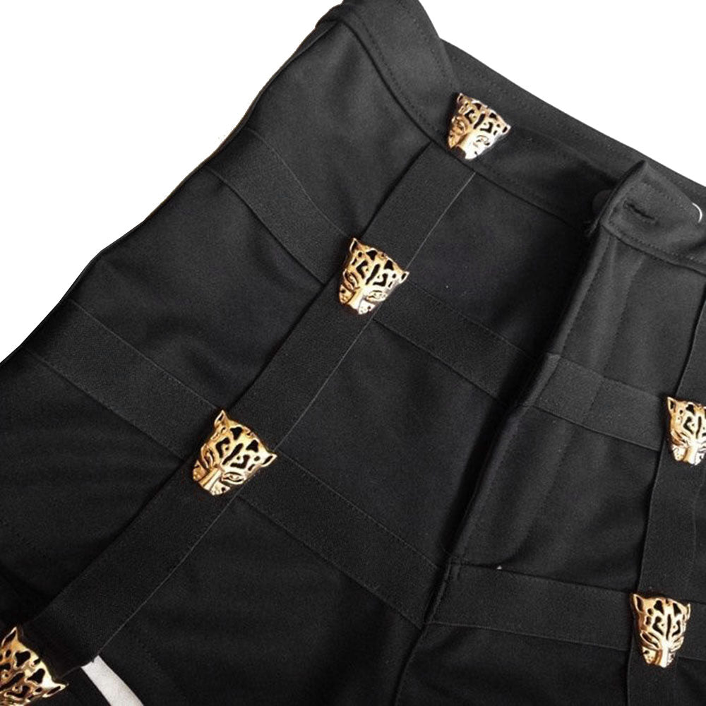 High waist short shorts for women featuring metallic leopard buttons, perfect for rave outfits and stylish looks.
