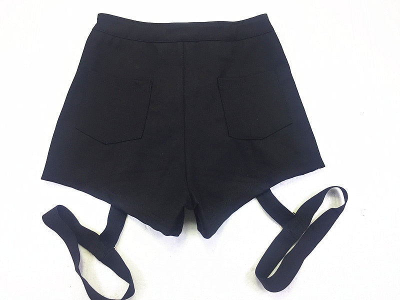 High waist short shorts for women with leg belts, featuring a stylish black design for rave outfits.