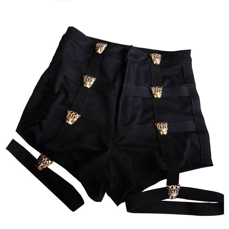 High waist short shorts for women with leopard button decoration, perfect for rave outfits and trendy styles.