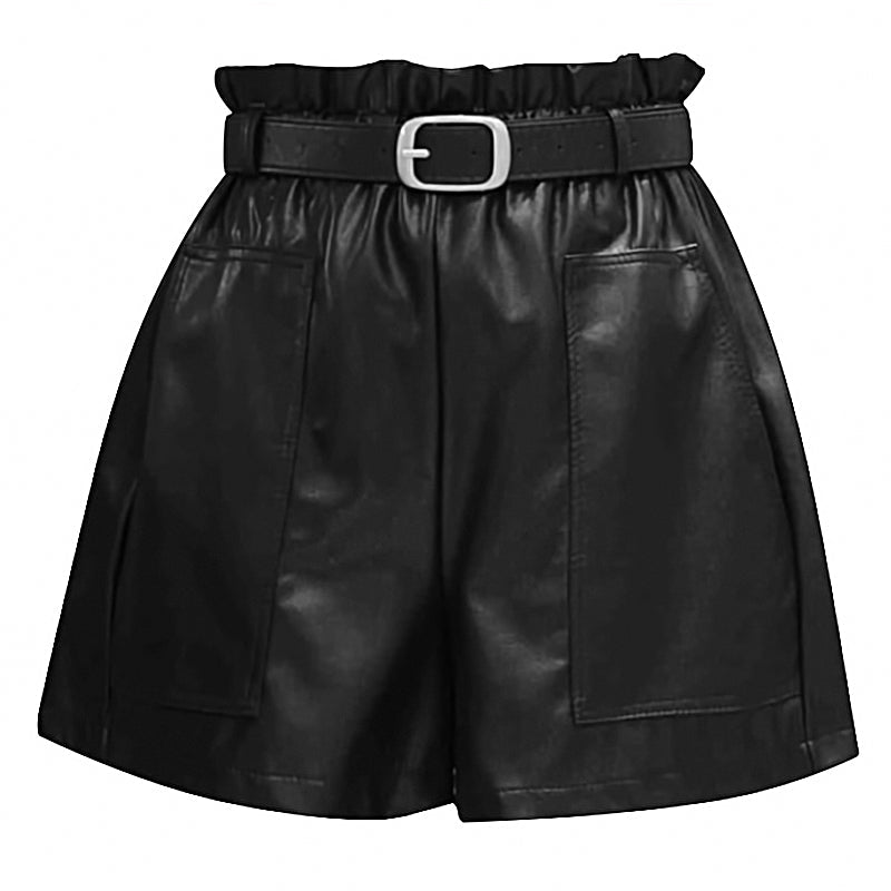 High waist black faux leather shorts with pockets and belt, perfect for a stylish rock chic look.