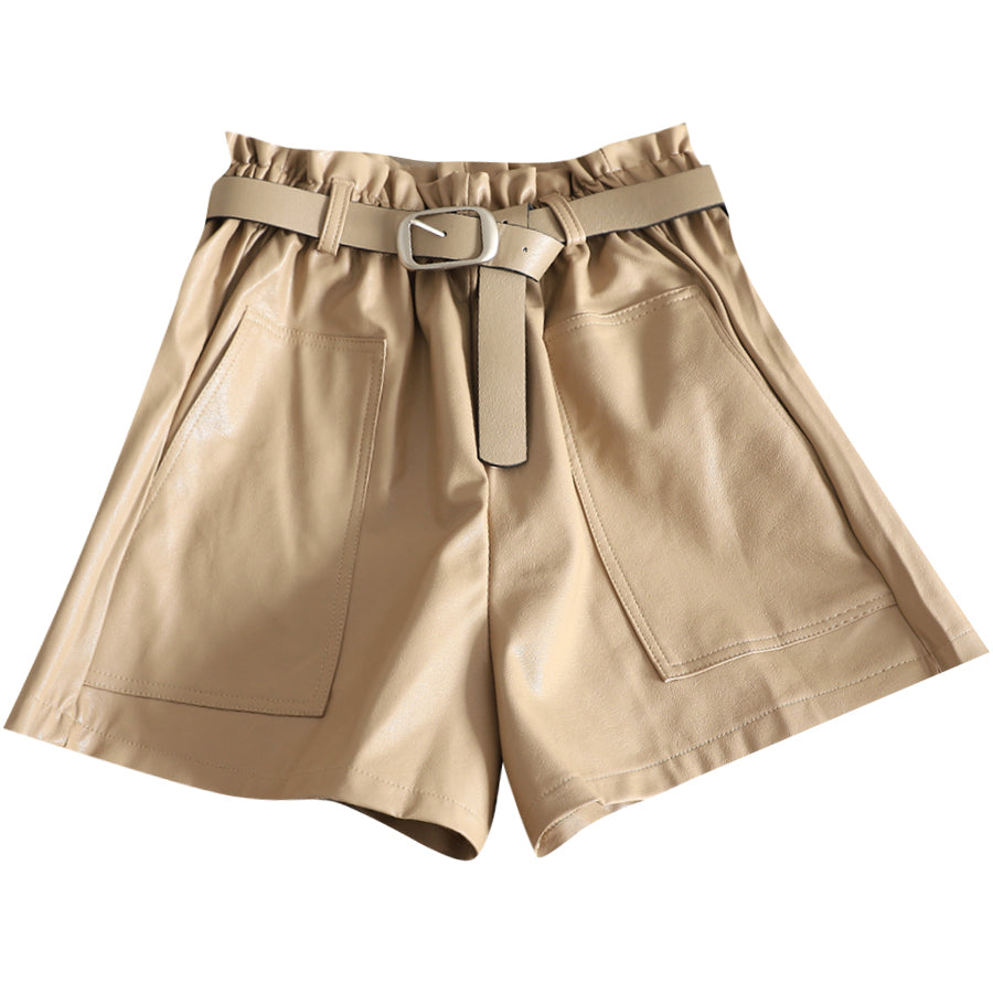 High waist faux leather shorts with wide legs and solid pockets, perfect for stylish women's outfits.