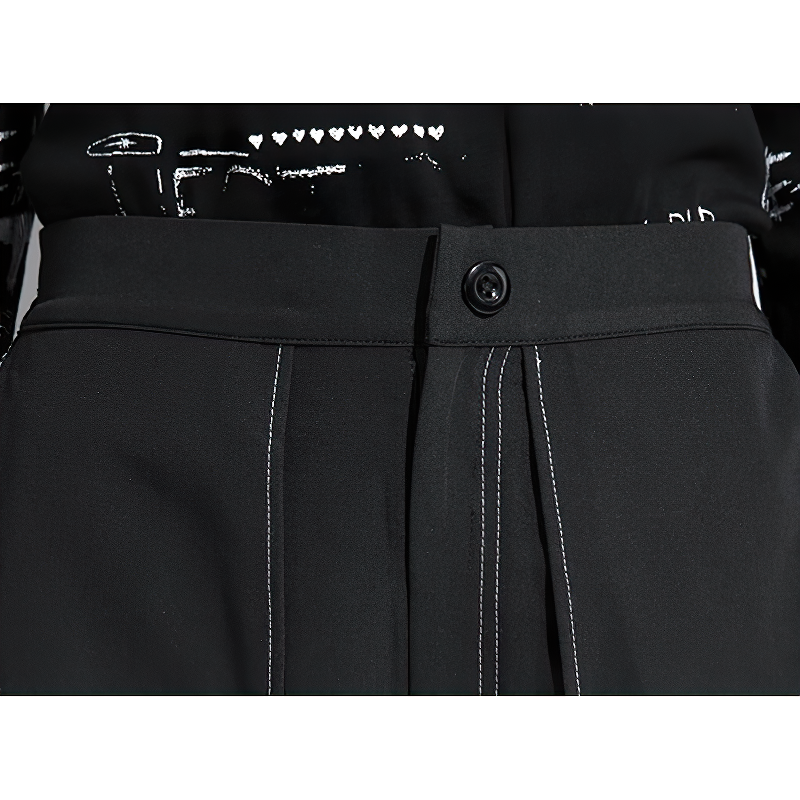 Close-up of high waist black women's trousers showcasing button and stitch details, ideal for stylish casual wear.