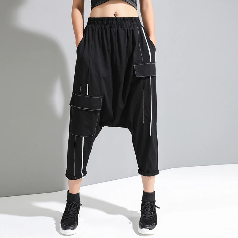 High Waisted Women's Harem Pants With Pockets / Female Fashion Black Loose Fit Trousers - HARD'N'HEAVY