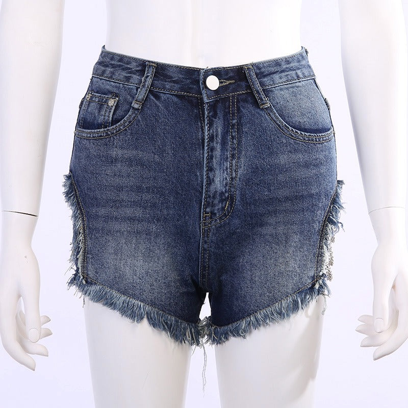 High Waisted Women's Punk Jean Shorts With Metal Chain / Blue Denim Hollow Out Short Streetwear - HARD'N'HEAVY