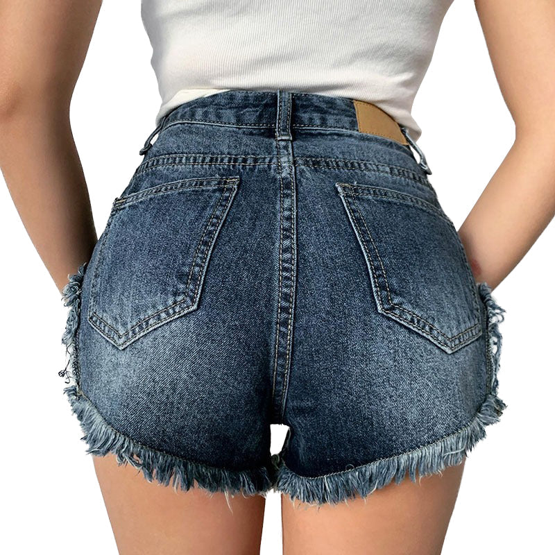 High Waisted Women's Punk Jean Shorts With Metal Chain / Blue Denim Hollow Out Short Streetwear - HARD'N'HEAVY