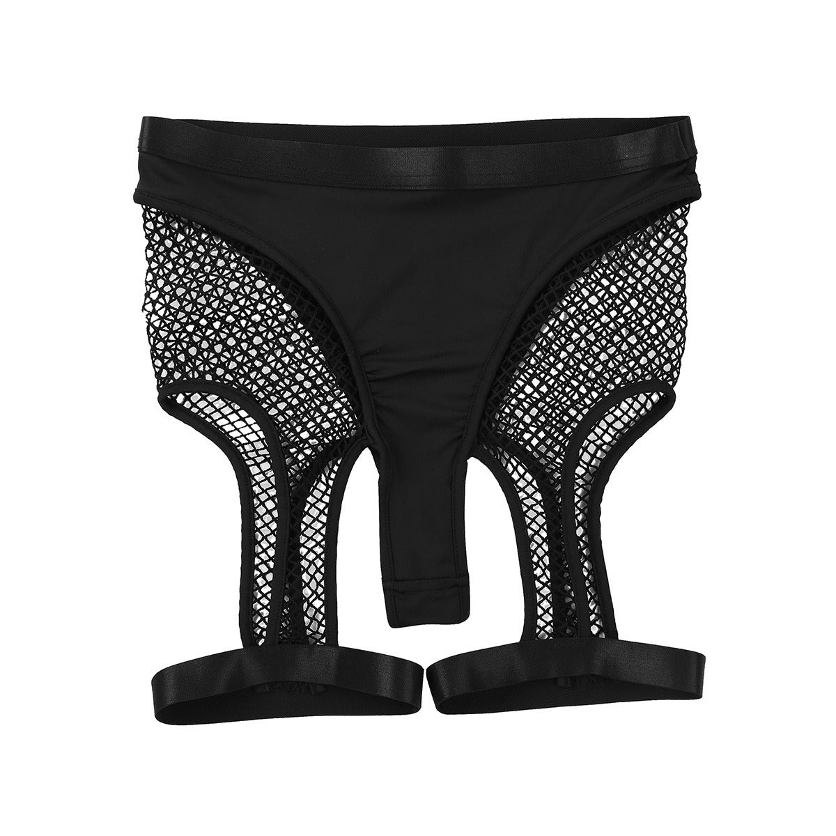 High-waisted black fishnet panties with cutouts, perfect for a sexy, confident look.