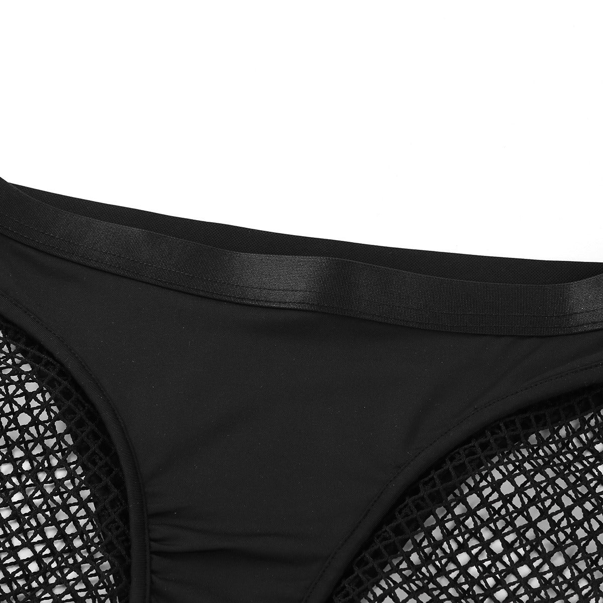 Close-up of high-waisted women's fishnet panties, showcasing cutouts and stretchy waistband for a sexy fit.