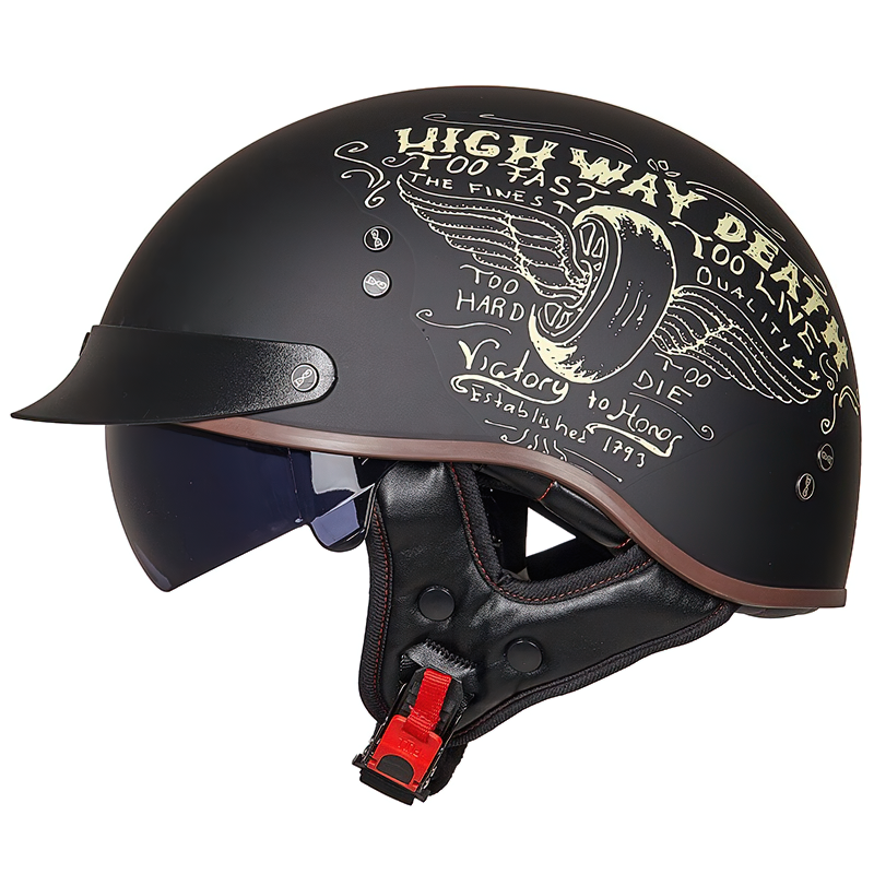 Highway Death Vintage Half Face Biker Helmet in black with unique winged design and DOT certification for safety.