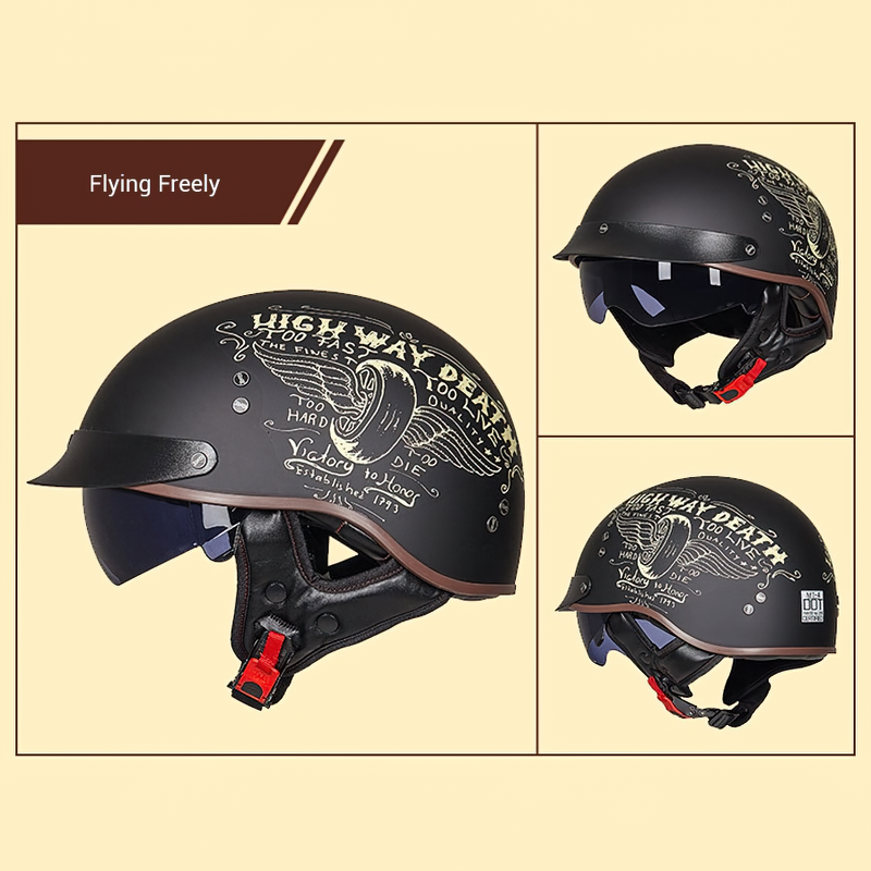 Highway Death Vintage Half Face Biker Helmet with unique designs for a stylish, safe ride.