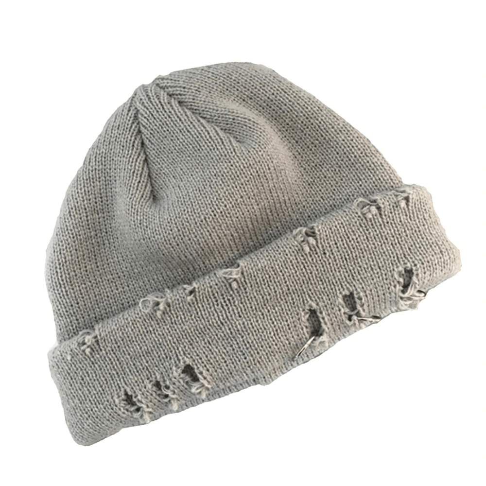Unisex gray hole knitted hat with curled brim, perfect for cozy casual outfits in colder weather.