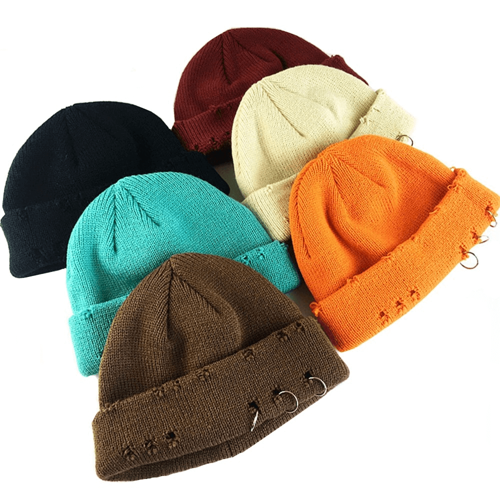 Colorful unisex hole knitted hats for men and women, featuring trendy rings and cozy casual designs.