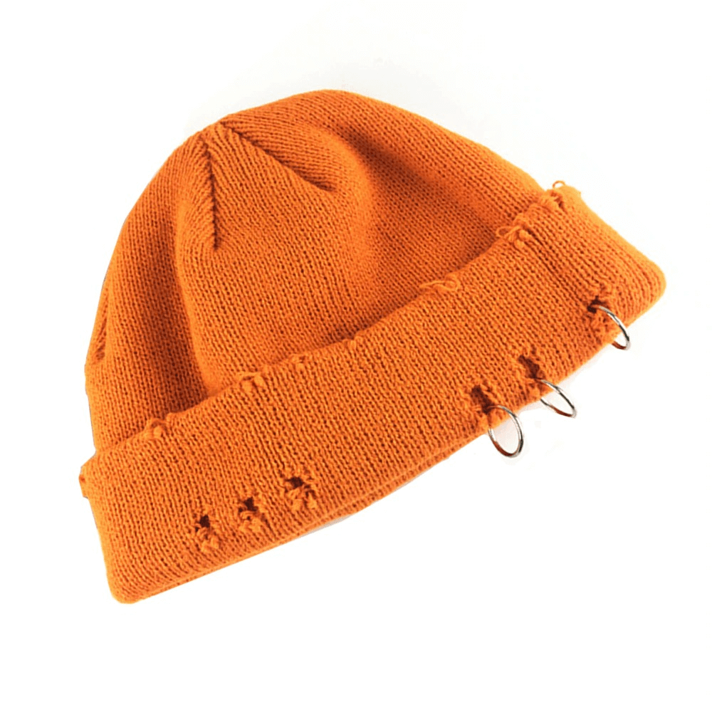 Unisex warm curled hat in vibrant orange, featuring trendy rings, perfect for casual outfits and stylish comfort.