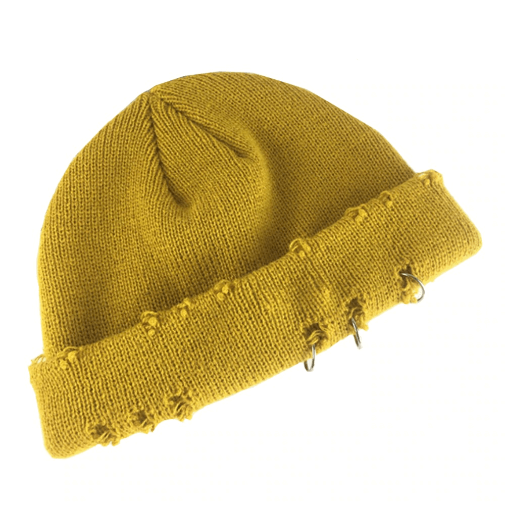 Unisex warm curled knitted hat in mustard yellow with trendy rings, perfect casual accessory for men and women.