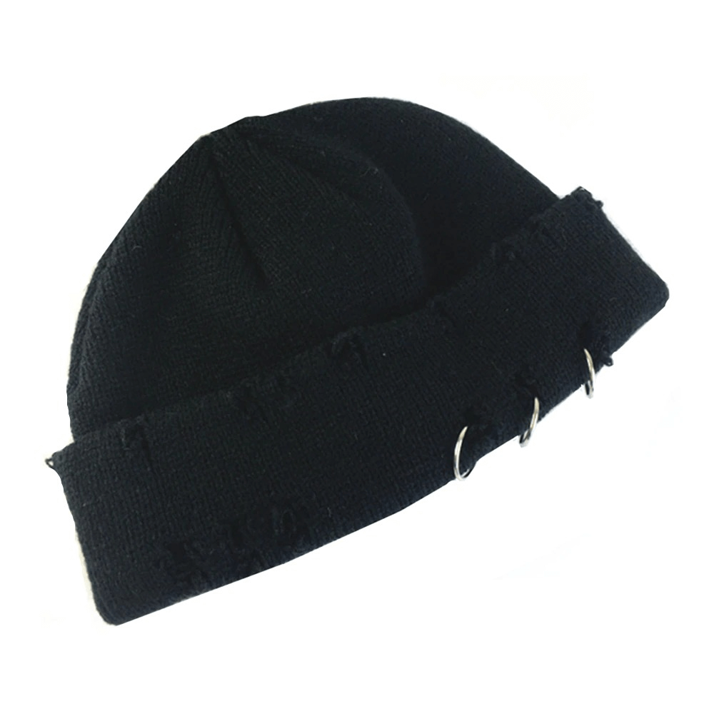 Unisex black knitted hat with trendy curled design and rings, perfect cozy accessory for casual outfits.