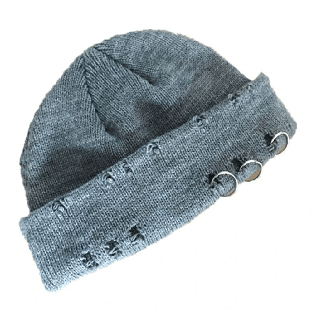 Cozy unisex grey knitted hat with curled brim and chic ring details, perfect for stylish casual outfits.