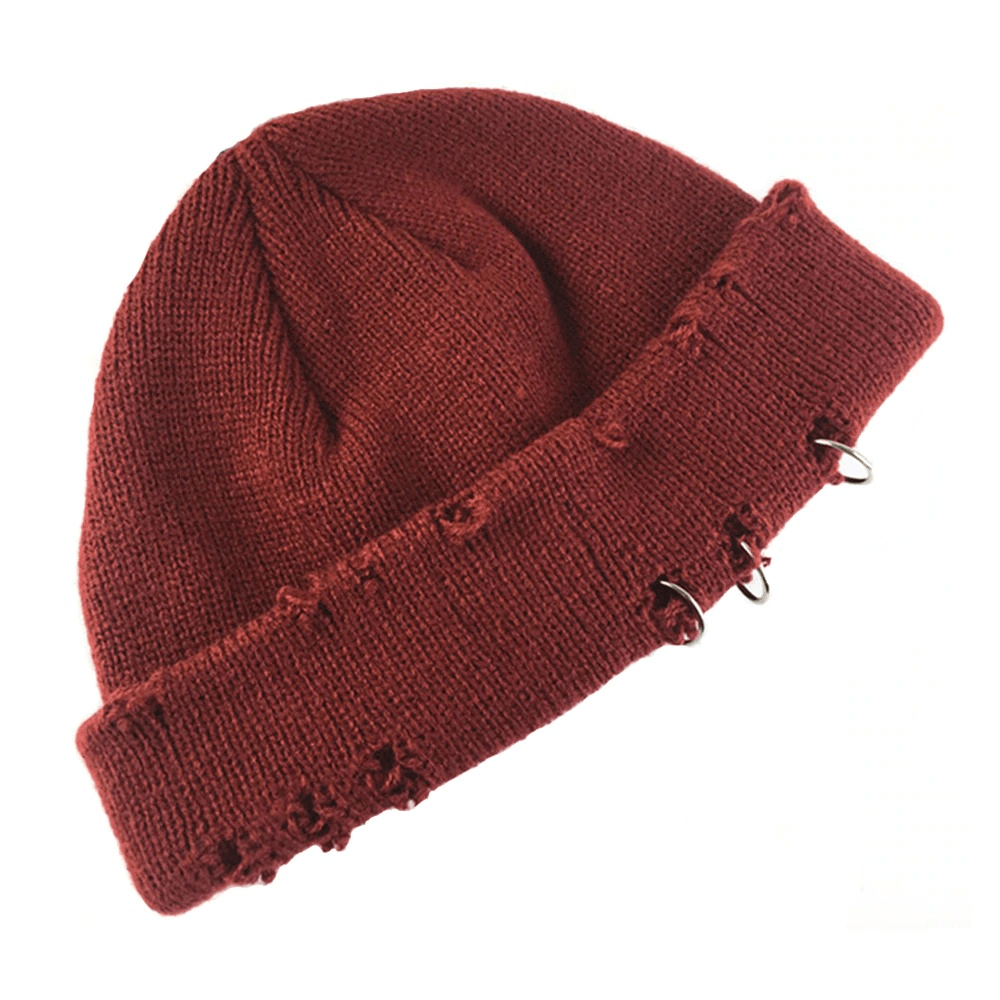 Cozy unisex retro knitted hat in burgundy with stylish rings and curled design, perfect for casual outfits.