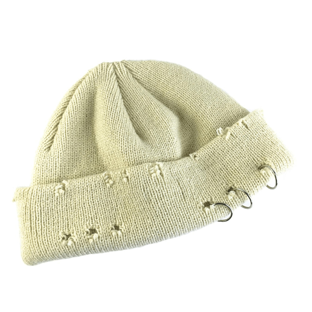 Stylish unisex retro knitted hat in cream with rings, a cozy accessory for casual outfits, perfect for men and women.