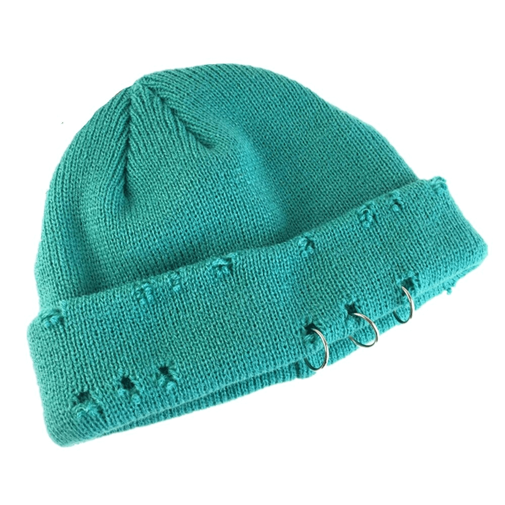 Turquoise unisex knitted hat with rings, perfect for cozy casual outfits and trendy winter style.