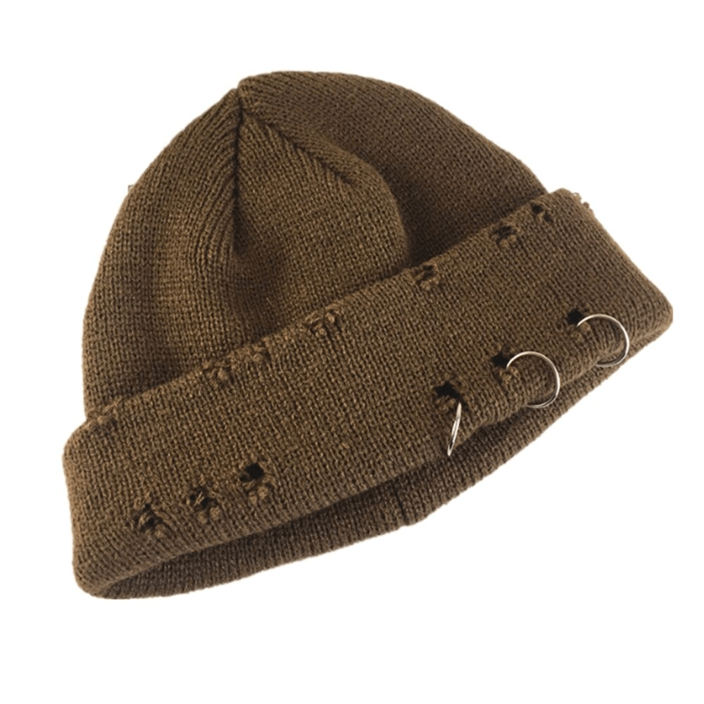 Cozy unisex brown knitted hat with rings, perfect for casual outfits and stylish warmth.