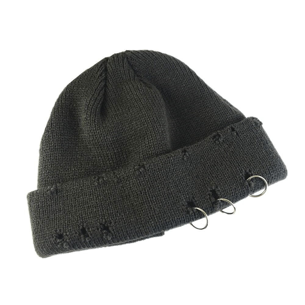 Unisex warm knitted hat in dark gray featuring cozy curl design and trendy rings, perfect for casual outfits.