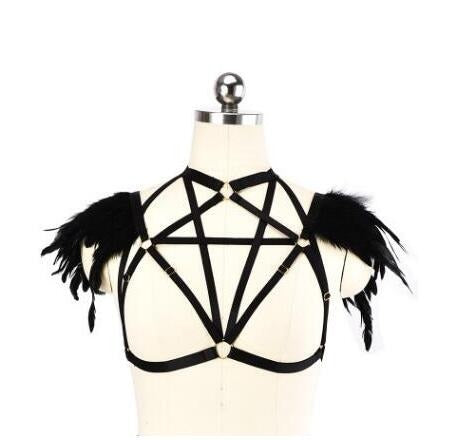 Hollow black elastic harness with feather accents, perfect for gothic and alternative fashion styles.
