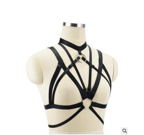 Hollow black elastic harness showcased on a mannequin, perfect for gothic and alternative fashion lovers.