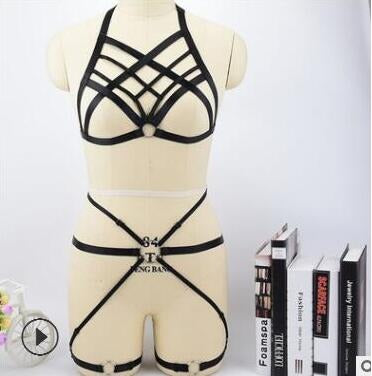 Hollow black elastic harness on mannequin, showcasing gothic and alternative fashion style for role-playing.