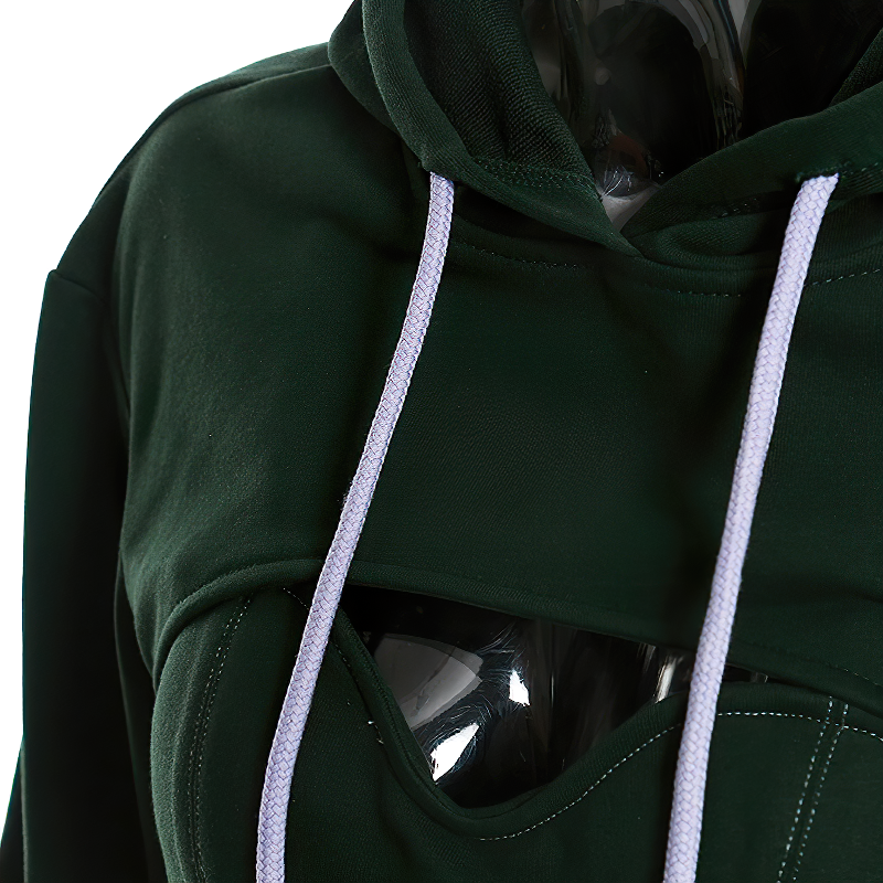Stylish green hollow out hooded top with white laces, perfect for alternative streetwear fashion.