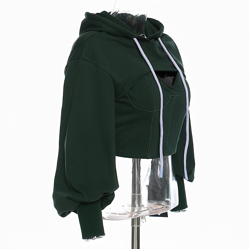 Green hollow out hooded long sleeve female top for alternative streetwear fashion.