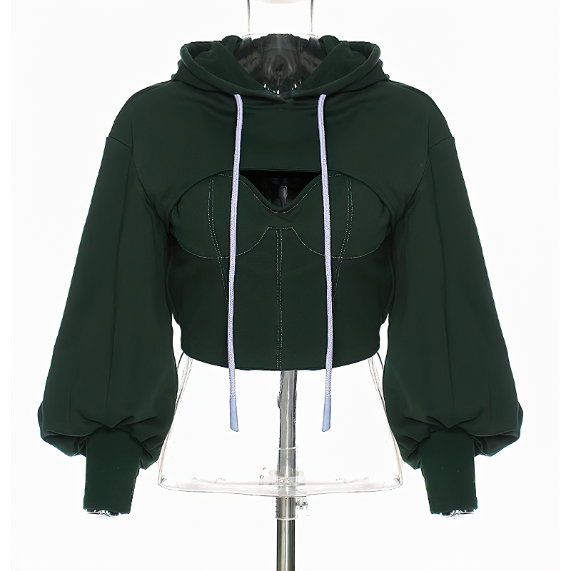 Green hollow out hooded long sleeve top for women, perfect for alternative streetwear style.