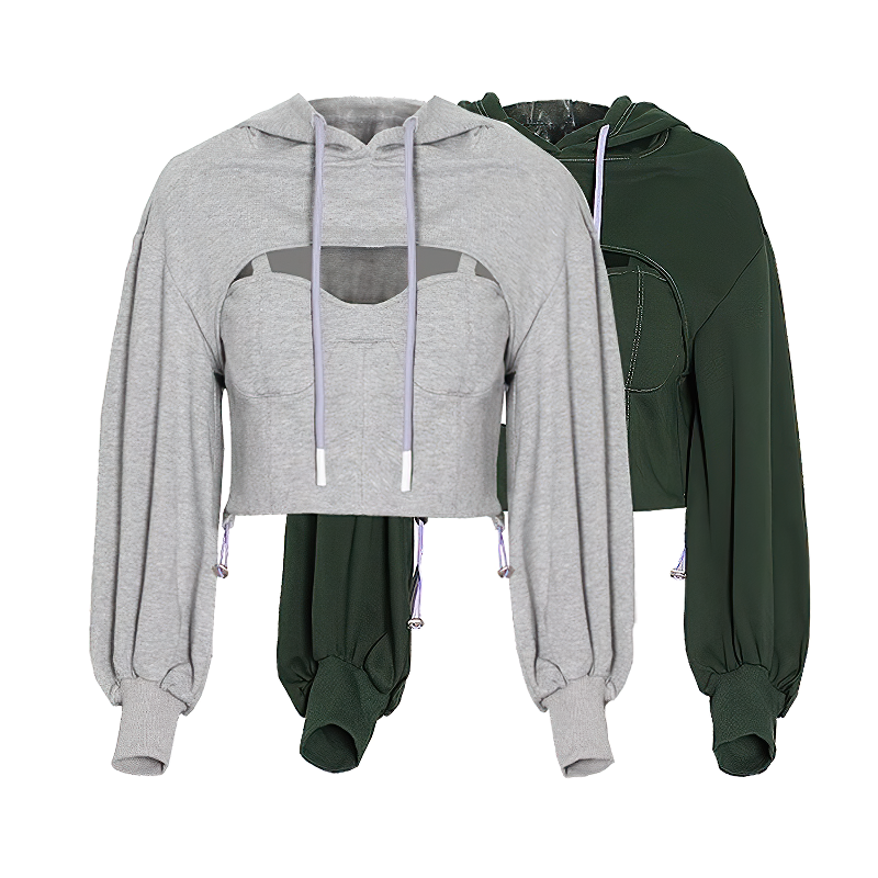 Hollow out hooded long sleeve top in grey and green, featuring stylish laces for an alternative streetwear look.